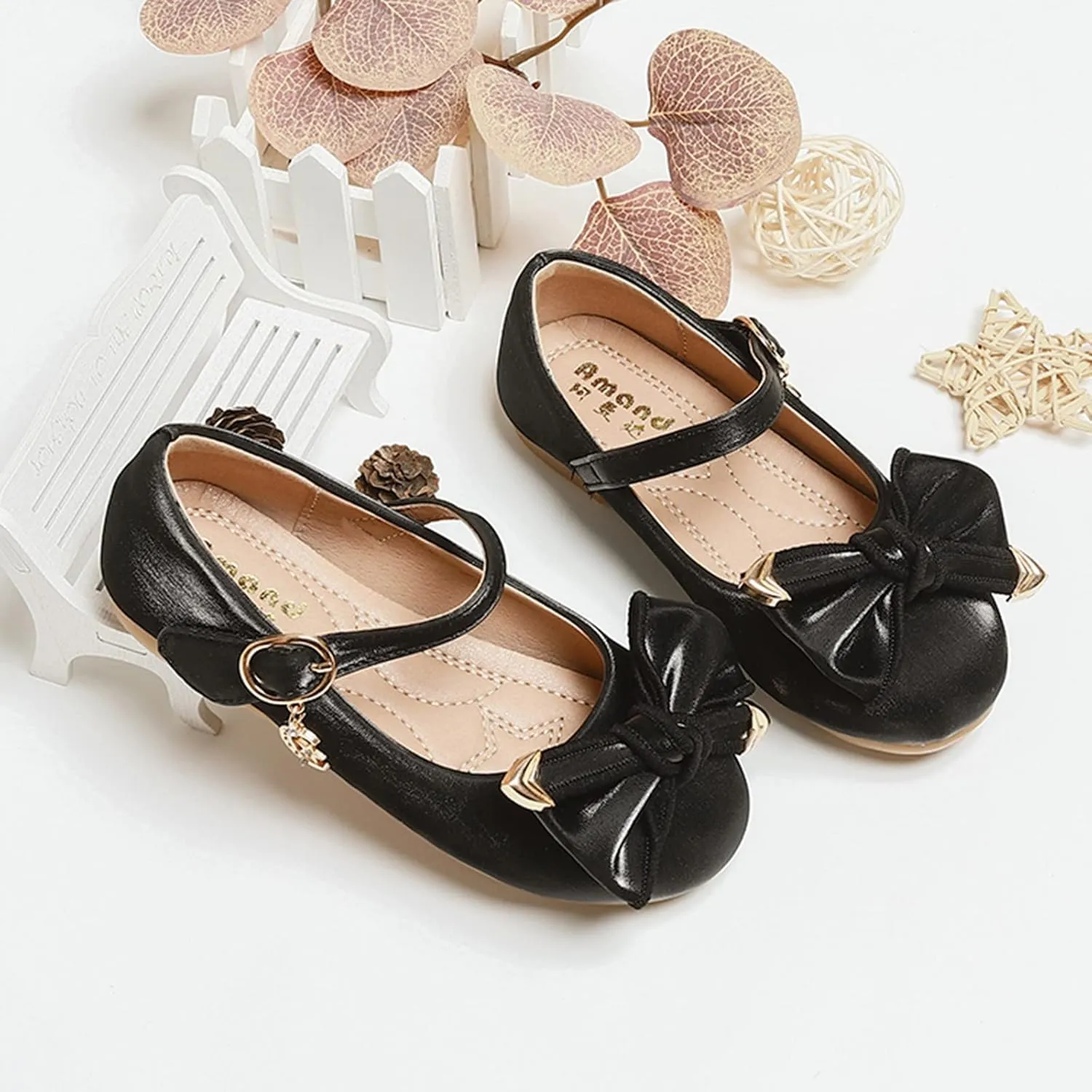Little Girls Loafers Big Bow Tie Flat Adjustable Strap Shoes with Metal Buckle and Pendant Decoration