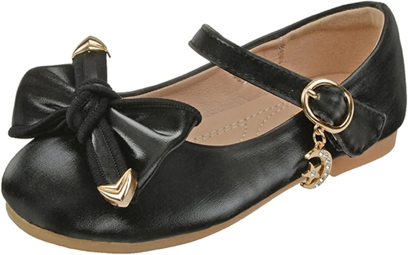 Little Girls Loafers Big Bow Tie Flat Adjustable Strap Shoes with Metal Buckle and Pendant Decoration