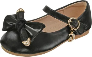 Little Girls Loafers Big Bow Tie Flat Adjustable Strap Shoes with Metal Buckle and Pendant Decoration