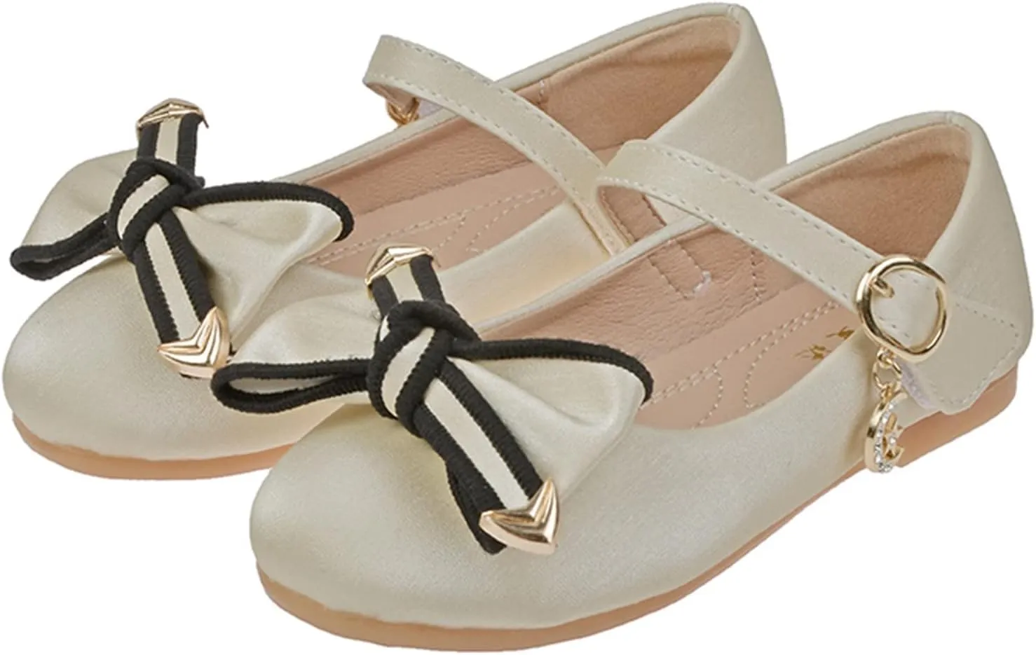Little Girls Loafers Big Bow Tie Flat Adjustable Strap Shoes with Metal Buckle and Pendant Decoration