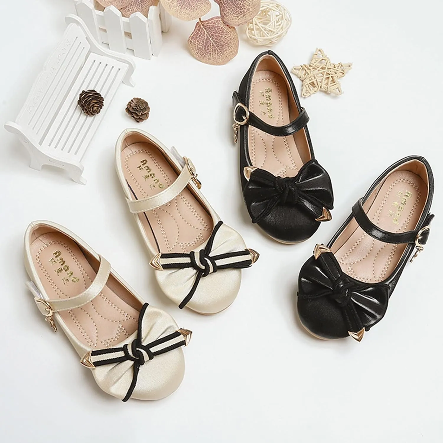 Little Girls Loafers Big Bow Tie Flat Adjustable Strap Shoes with Metal Buckle and Pendant Decoration