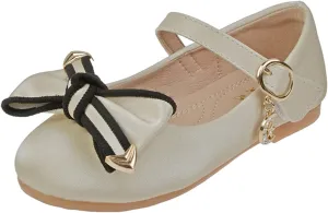 Little Girls Loafers Big Bow Tie Flat Adjustable Strap Shoes with Metal Buckle and Pendant Decoration