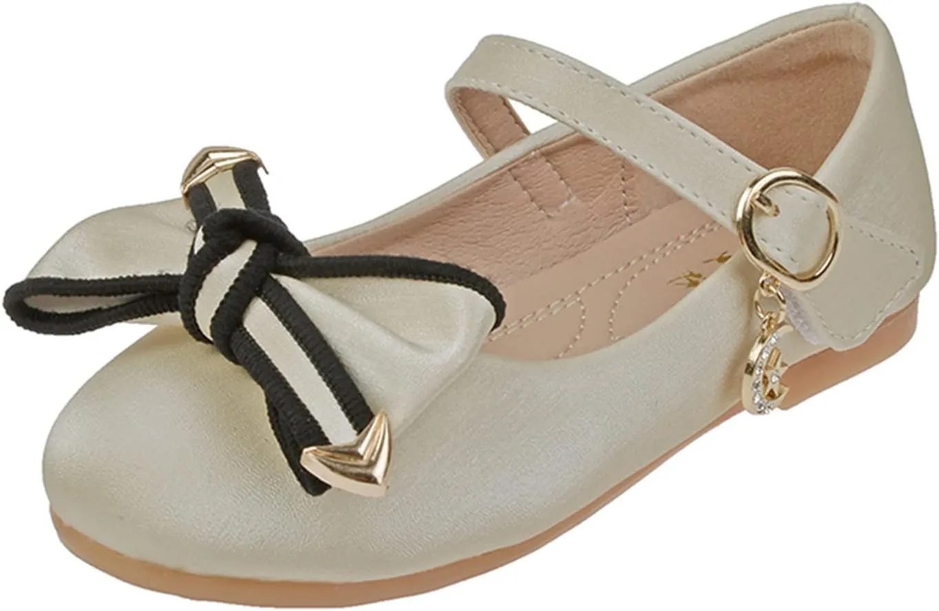 Little Girls Loafers Big Bow Tie Flat Adjustable Strap Shoes with Metal Buckle and Pendant Decoration