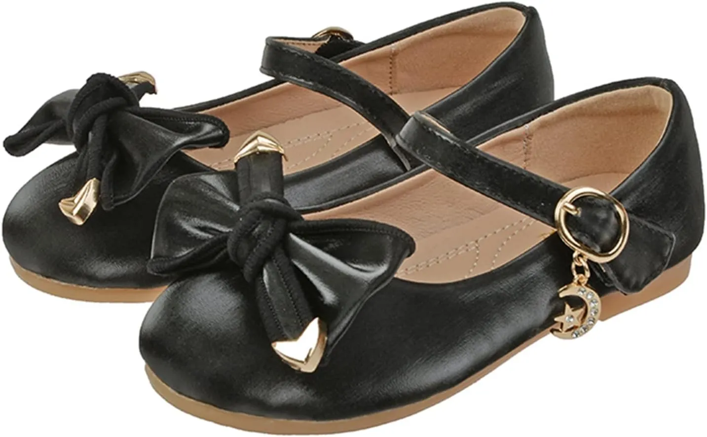 Little Girls Loafers Big Bow Tie Flat Adjustable Strap Shoes with Metal Buckle and Pendant Decoration