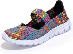 Loafers for Women Color Block Elastic Woven Mary Jane Flats Close Toe Business Casual Shoes Comfortable & Lightweight Penny Loafers Dressy Slip On Work Shoe Fashion Outdoor Walking Shoes
