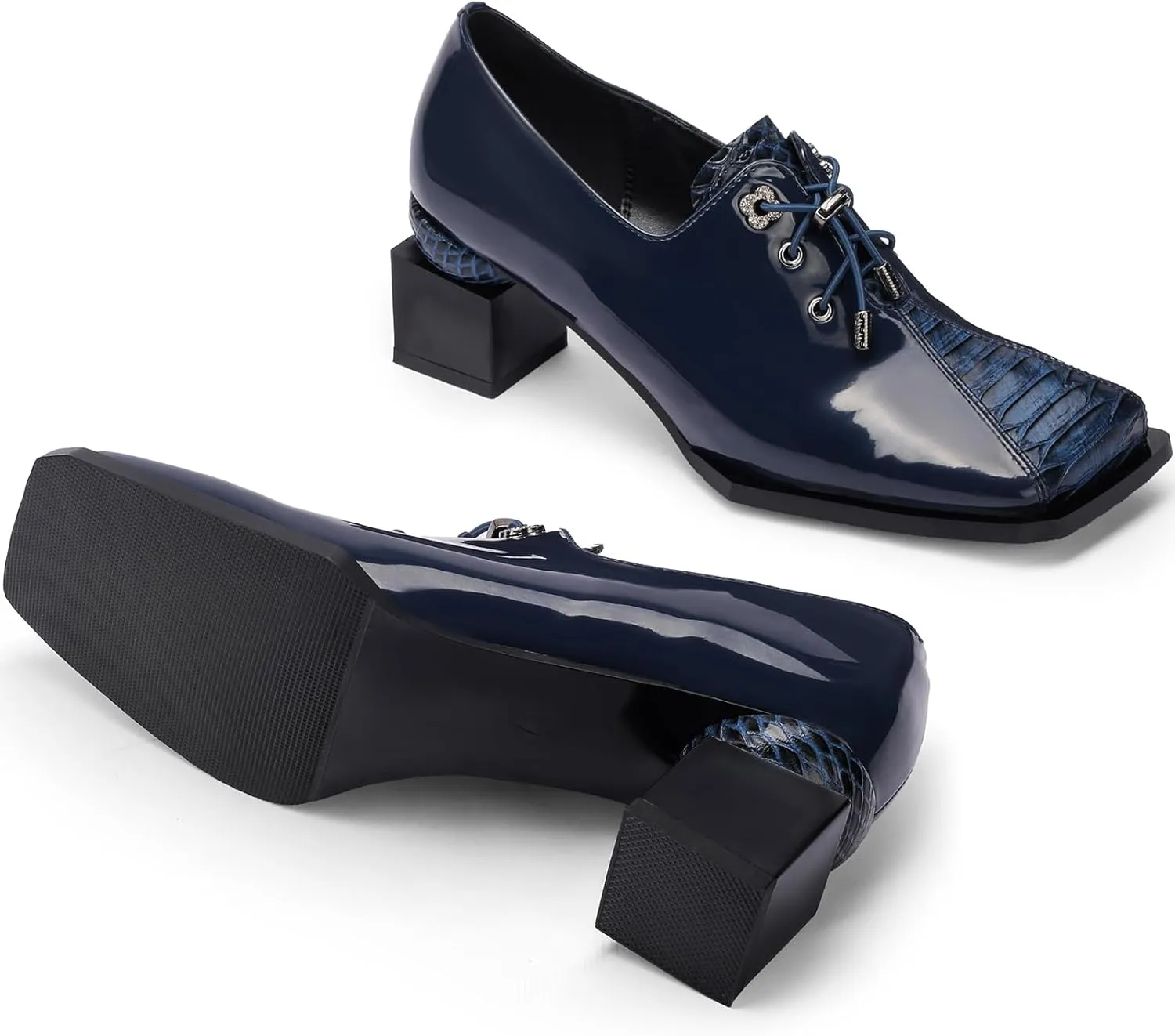 Loafers for Women Patent Leather Buckle Square Toe Chunky Block Dress Slip On Wide Casual Comfortable Dressy High Heels Ladies Comfort Moccasins Elegantes 2 Inch Shoes