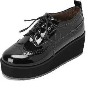 LUXMAX Women Platform Wedge Oxford Shoes Patent Leather Lace Up Wingtip Vintage Pumps