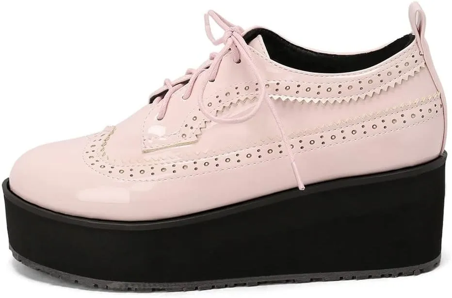 LUXMAX Women Platform Wedge Oxford Shoes Patent Leather Lace Up Wingtip Vintage Pumps