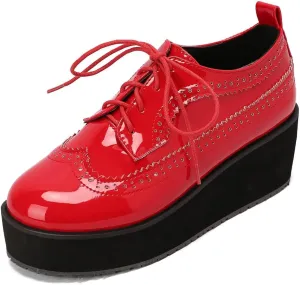 LUXMAX Women Platform Wedge Oxford Shoes Patent Leather Lace Up Wingtip Vintage Pumps