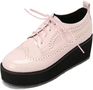 LUXMAX Women Platform Wedge Oxford Shoes Patent Leather Lace Up Wingtip Vintage Pumps