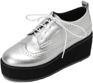 LUXMAX Women Platform Wedge Oxford Shoes Patent Leather Lace Up Wingtip Vintage Pumps