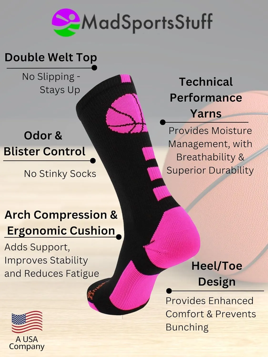MadSportsStuff Basketball Socks for Boys Girls - Athletic Crew Socks - Youth and Adult Sizes