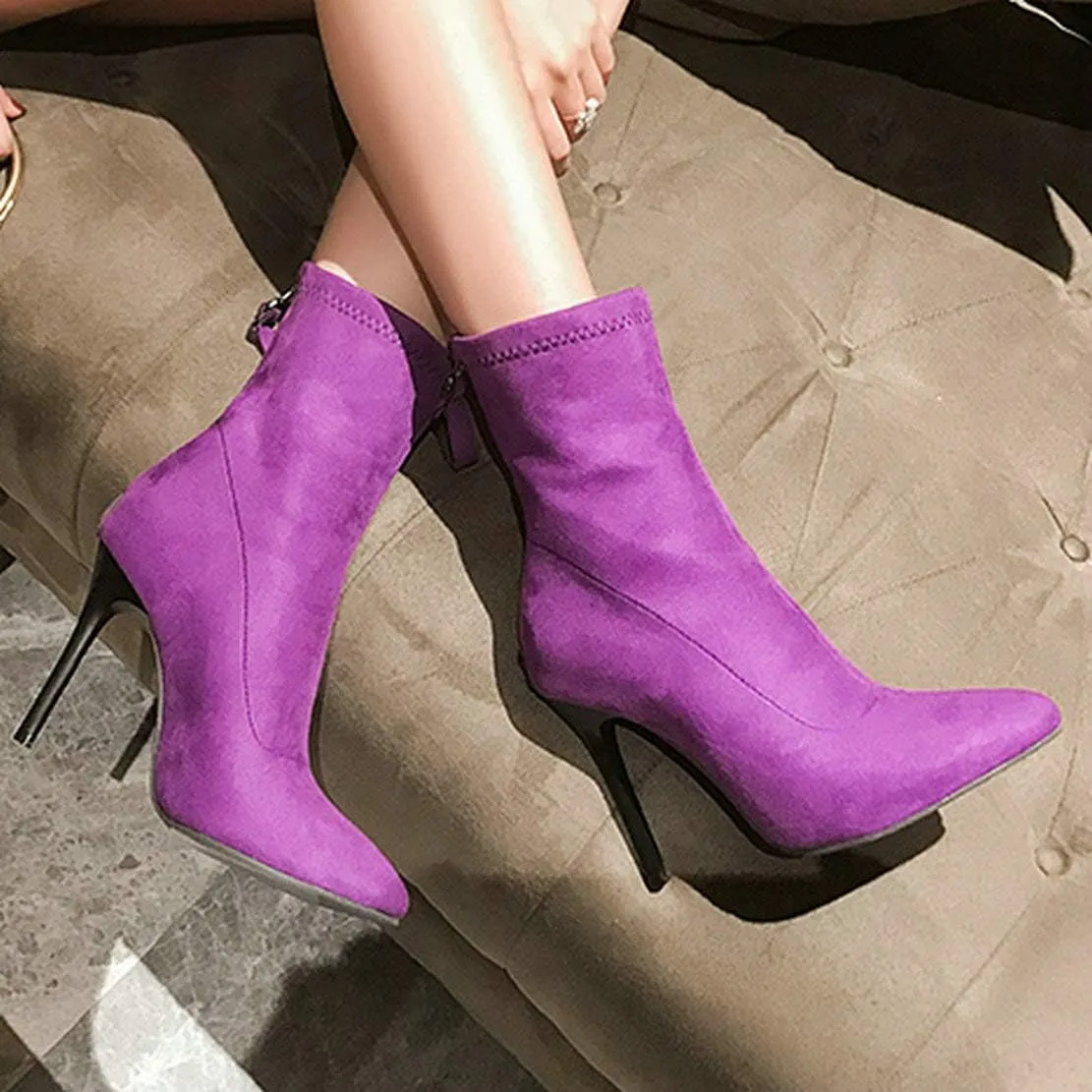 MAVMAX Women's Suede Pointed Toe Booties Stilettos High Heels Ankle Boots