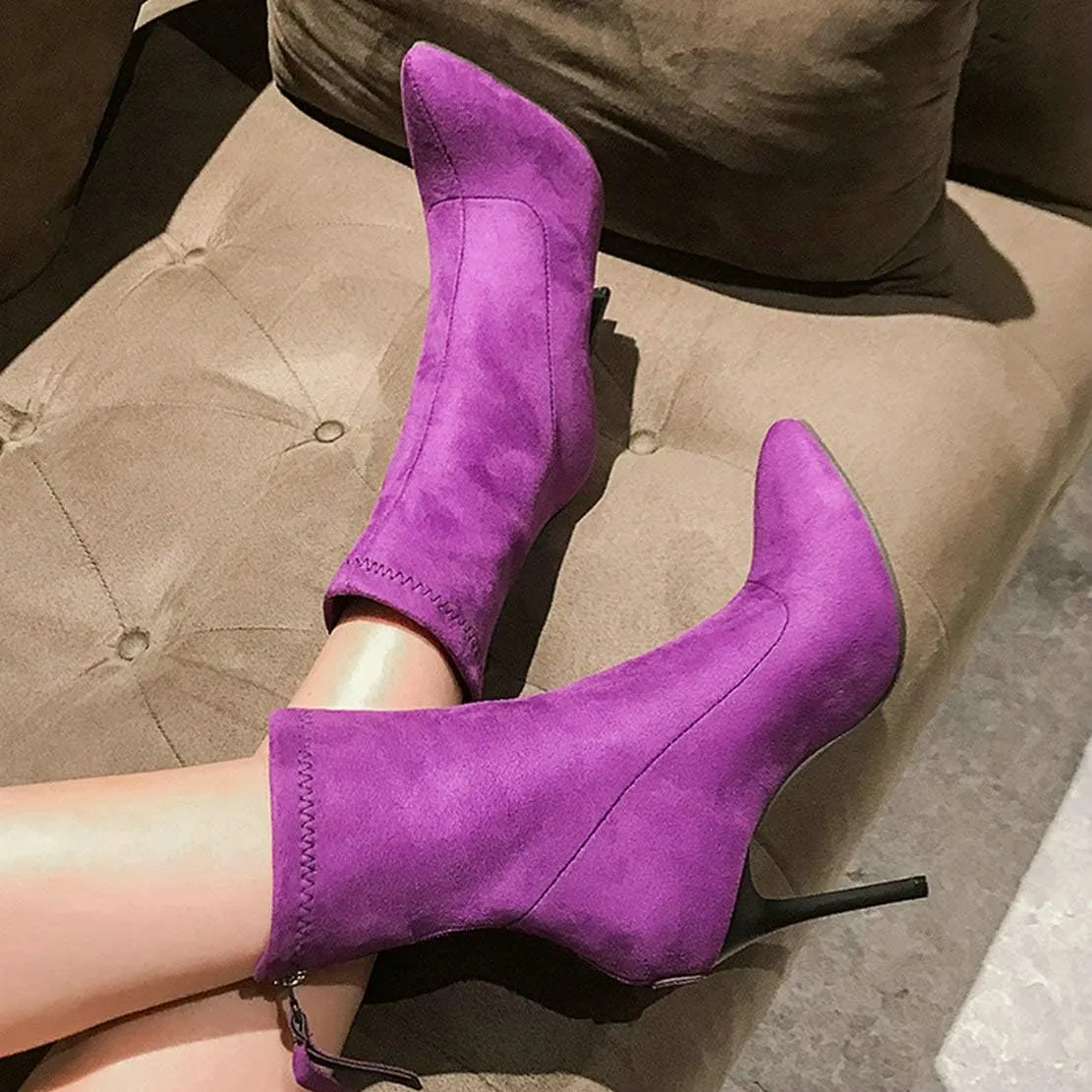 MAVMAX Women's Suede Pointed Toe Booties Stilettos High Heels Ankle Boots