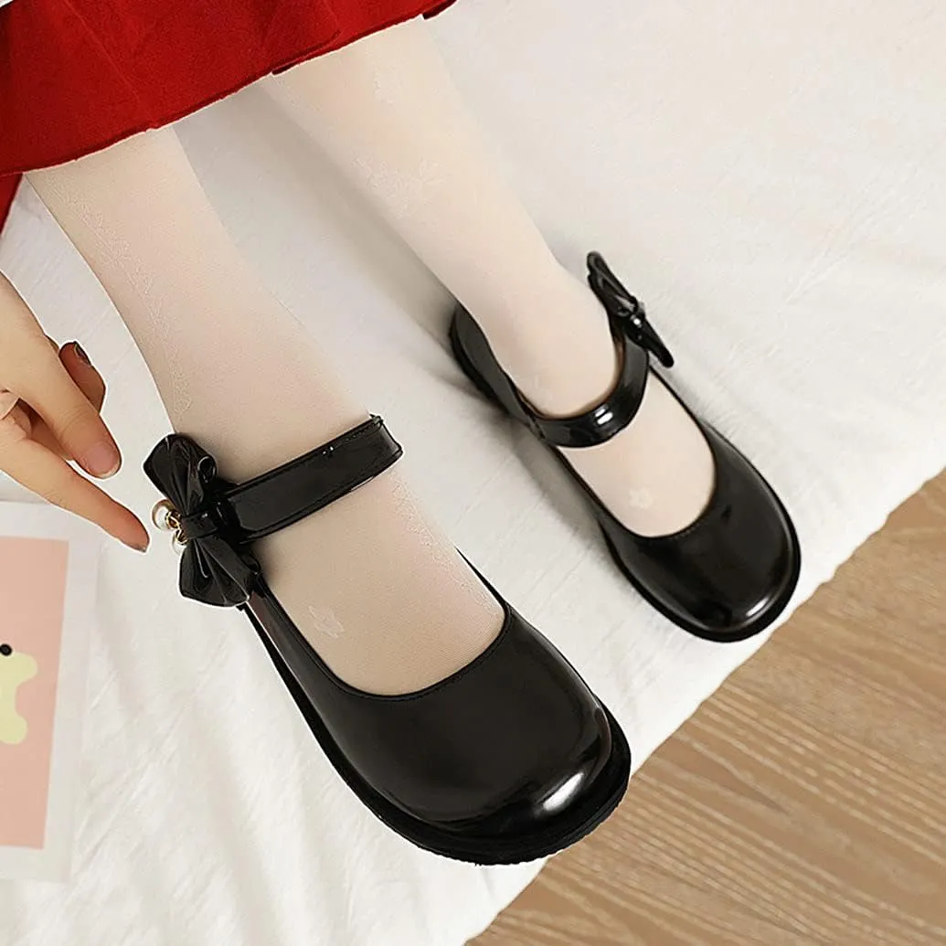 Meefit Women Flat Mary Janes Shoes Patent Leather Cute Pumps with Bow Uniform Shoes