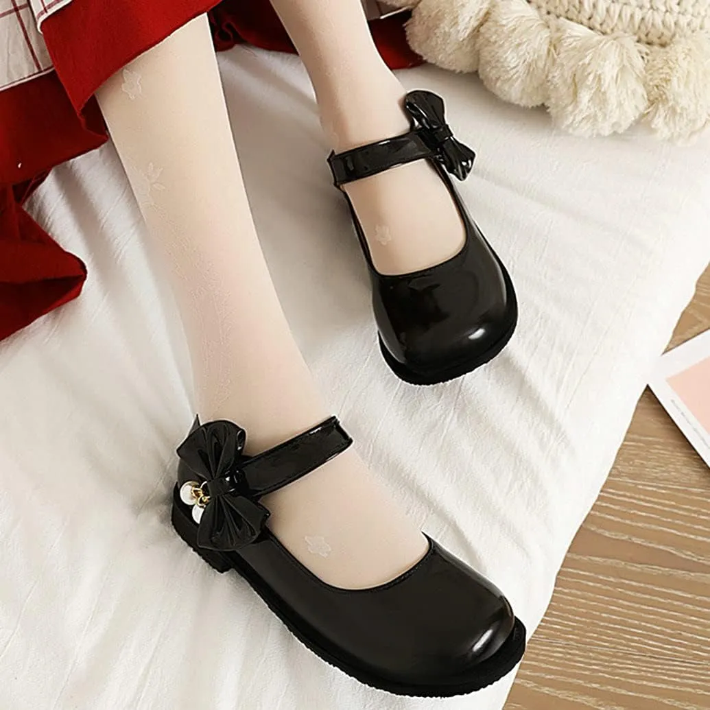 Meefit Women Flat Mary Janes Shoes Patent Leather Cute Pumps with Bow Uniform Shoes