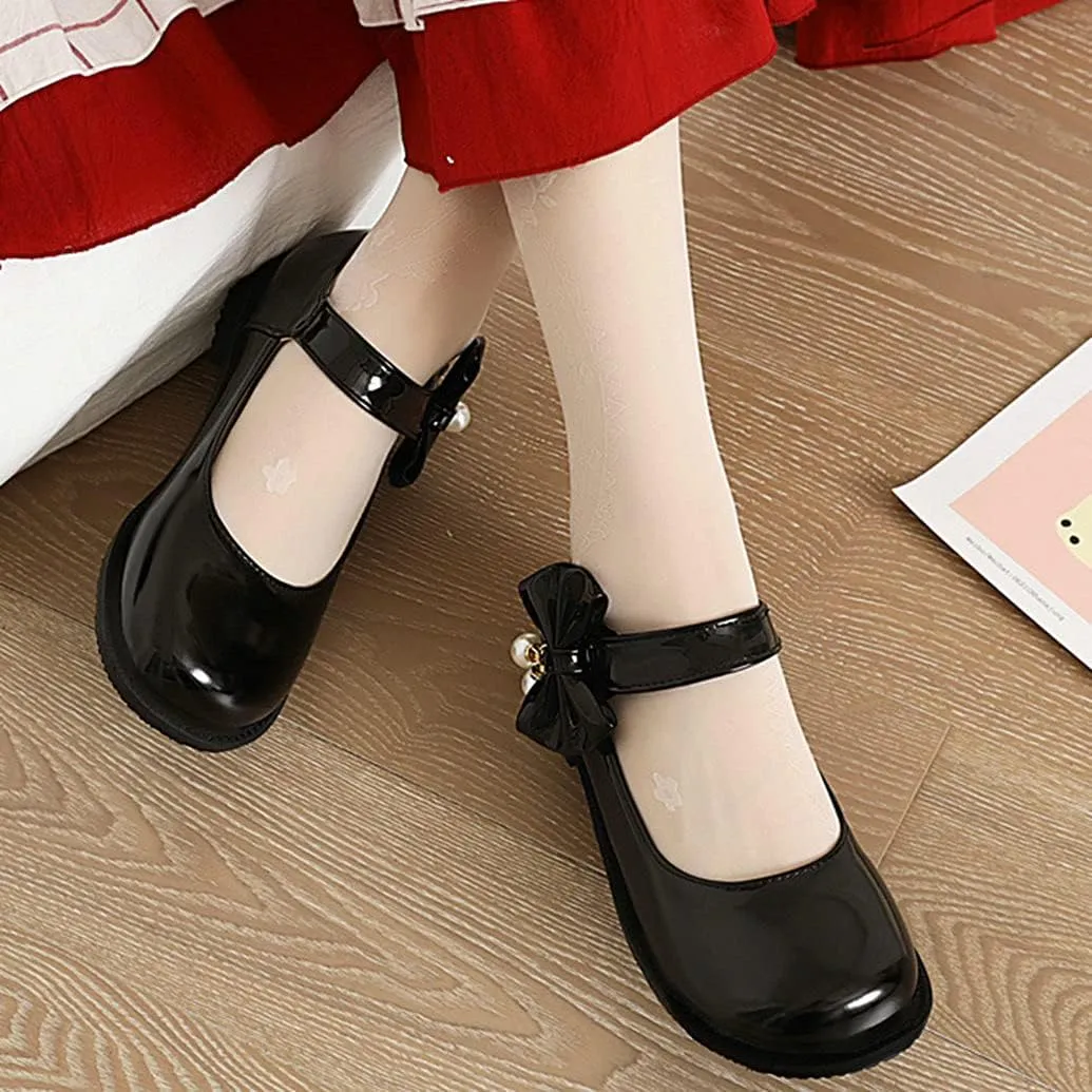 Meefit Women Flat Mary Janes Shoes Patent Leather Cute Pumps with Bow Uniform Shoes