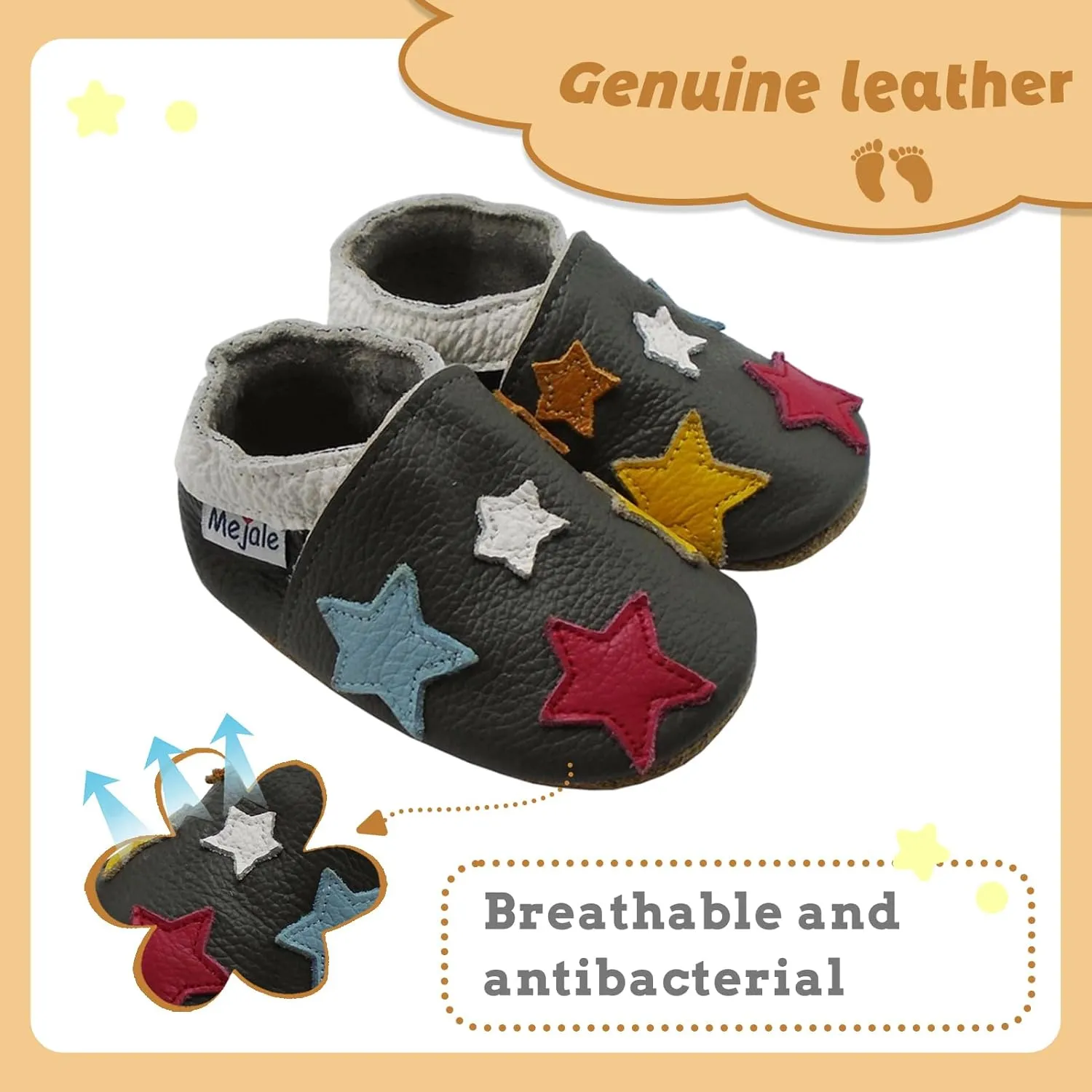 Mejale Baby Shoes Soft Sole Leather Crawling Moccasins Cartoon Stars Infant Toddler First Walker Slippers