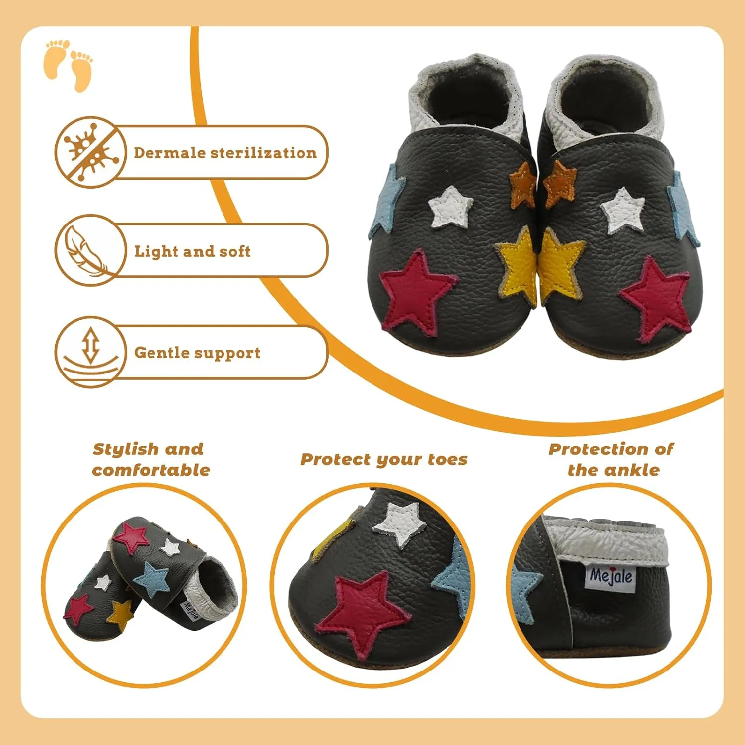 Mejale Baby Shoes Soft Sole Leather Crawling Moccasins Cartoon Stars Infant Toddler First Walker Slippers