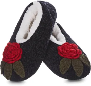 MeMoi Women's Winter Rose Chenille Plush-Lined Slippers Black M-L