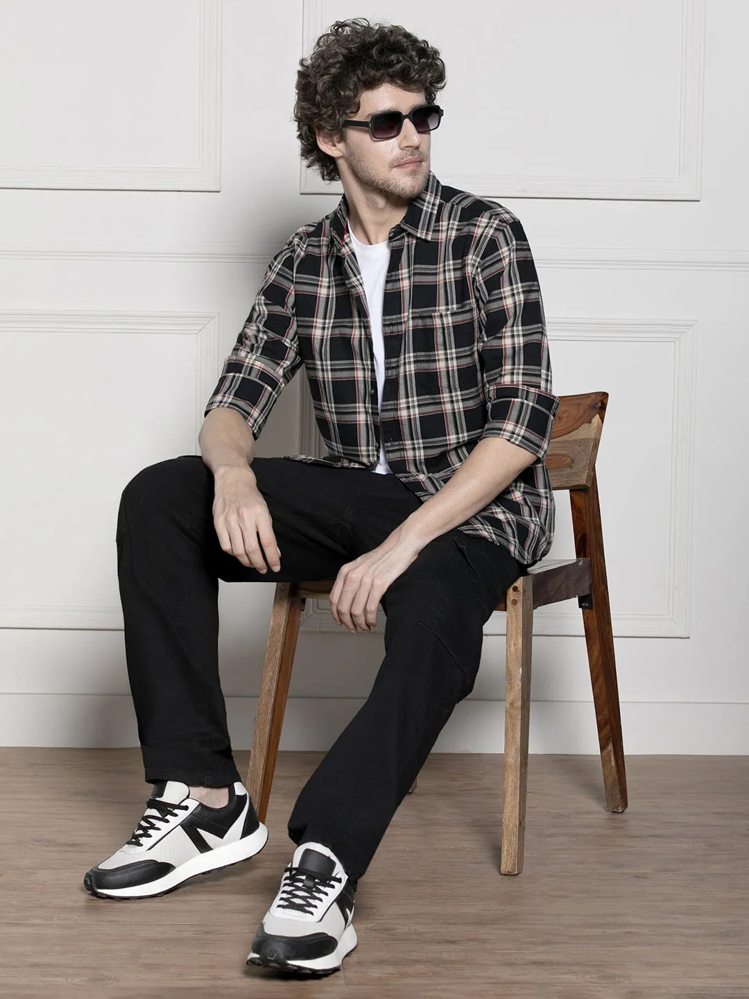 Men's Black Tartan Checks Casual Cotton Shirt