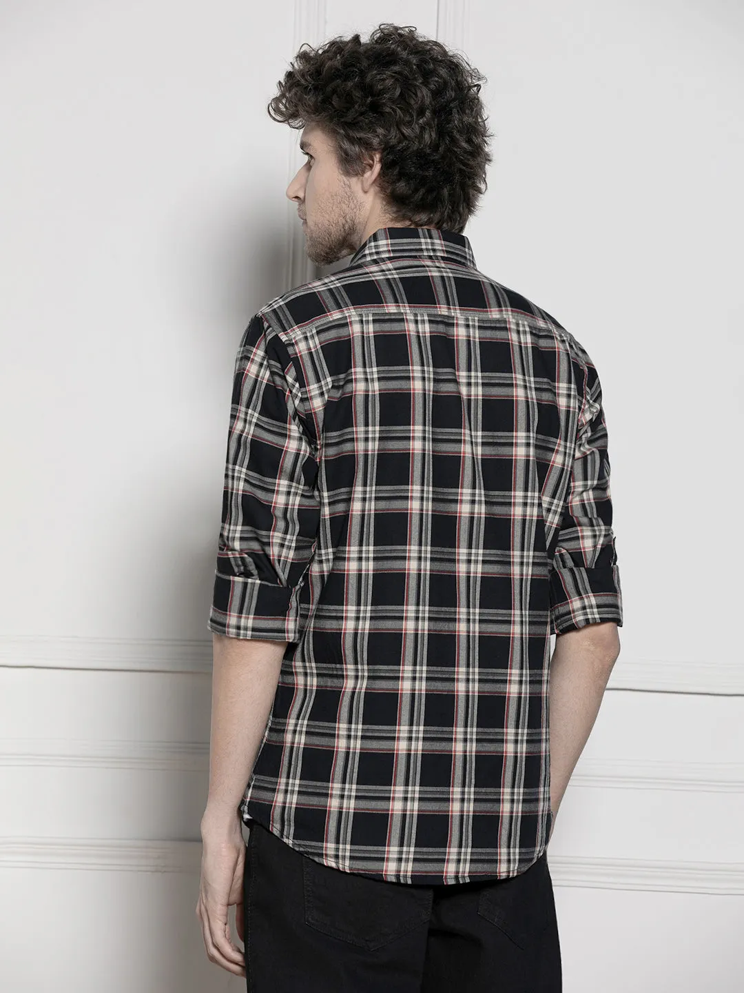Men's Black Tartan Checks Casual Cotton Shirt