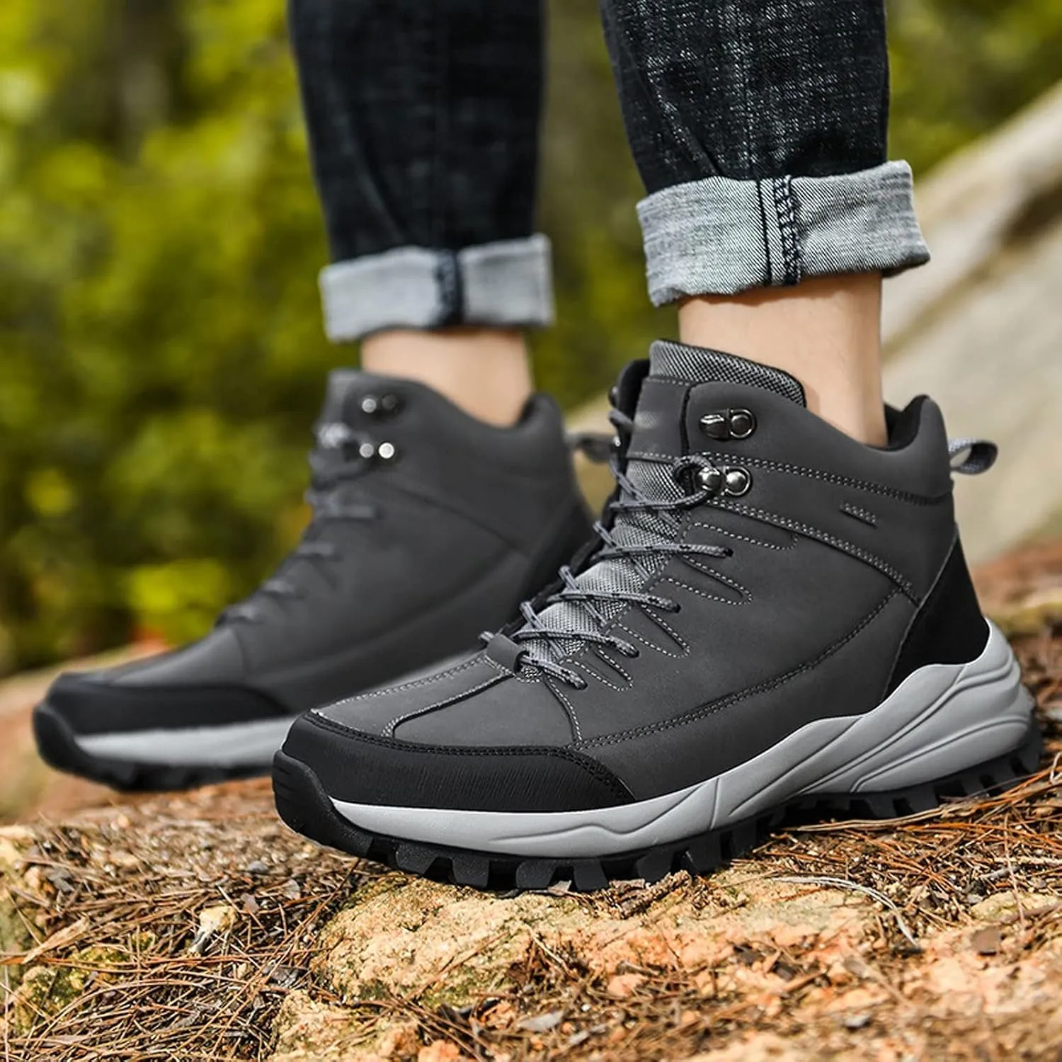 Mens Boots Men Snow Boots Warm Plush Men's Boots Waterproof Leather Ankle Boots Outdoor Non-slip Men's Hiking Boots Work Sneakers