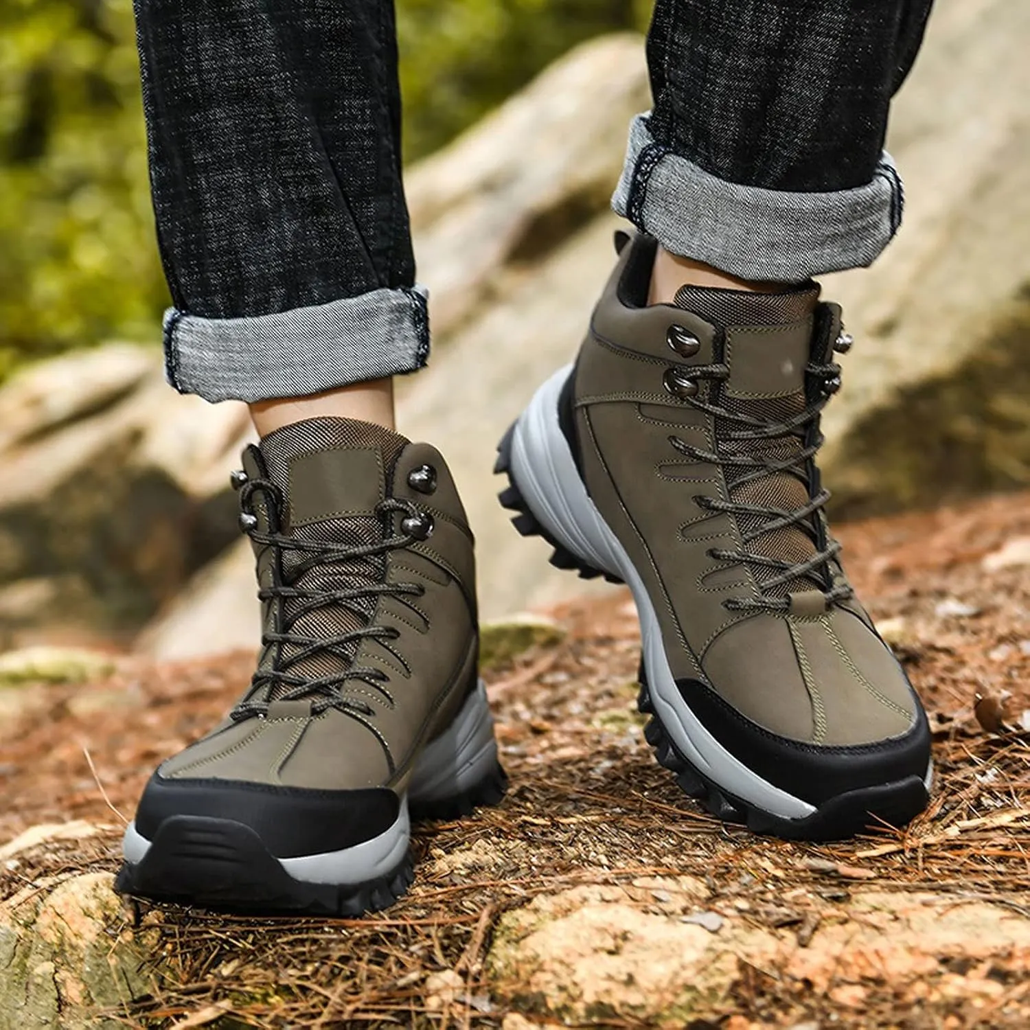 Mens Boots Men Snow Boots Warm Plush Men's Boots Waterproof Leather Ankle Boots Outdoor Non-slip Men's Hiking Boots Work Sneakers