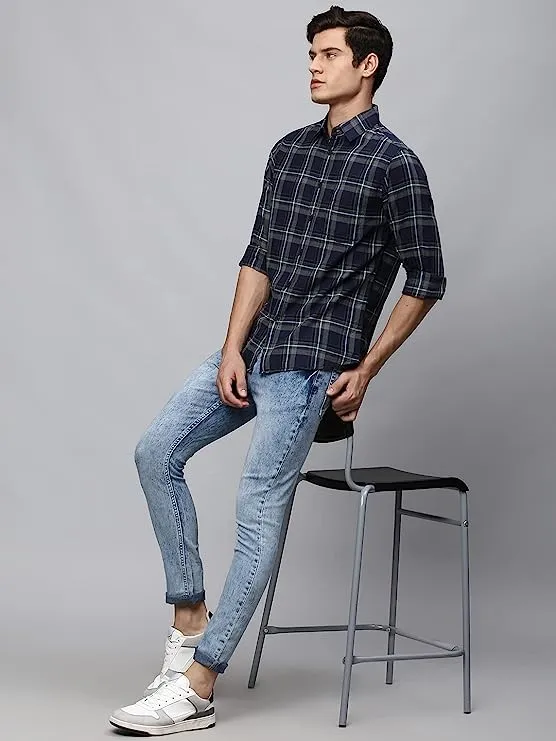 Men's Button Down Collar Slim Fit Checks White Casual Shirt