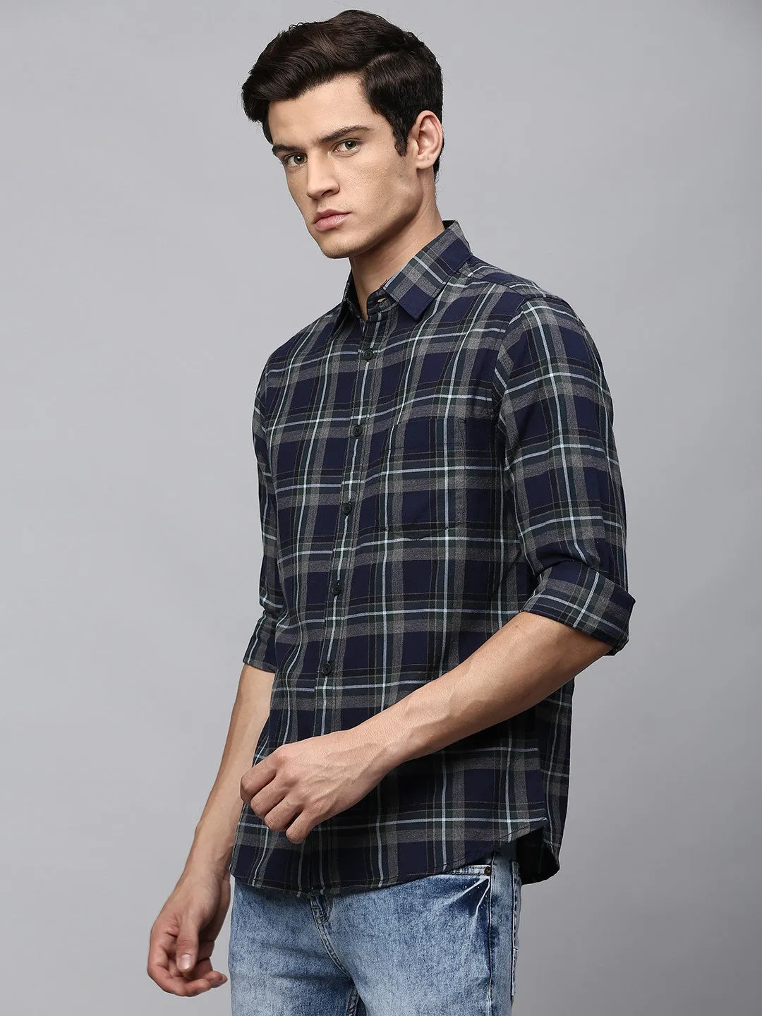 Men's Button Down Collar Slim Fit Checks White Casual Shirt