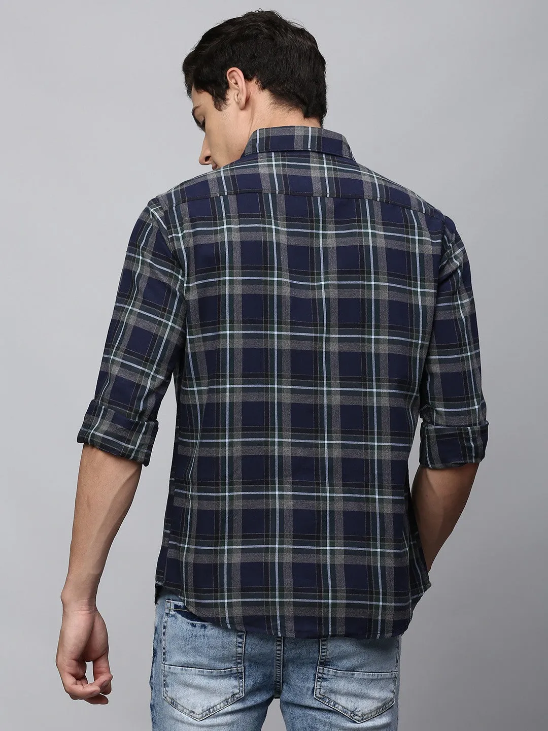 Men's Button Down Collar Slim Fit Checks White Casual Shirt