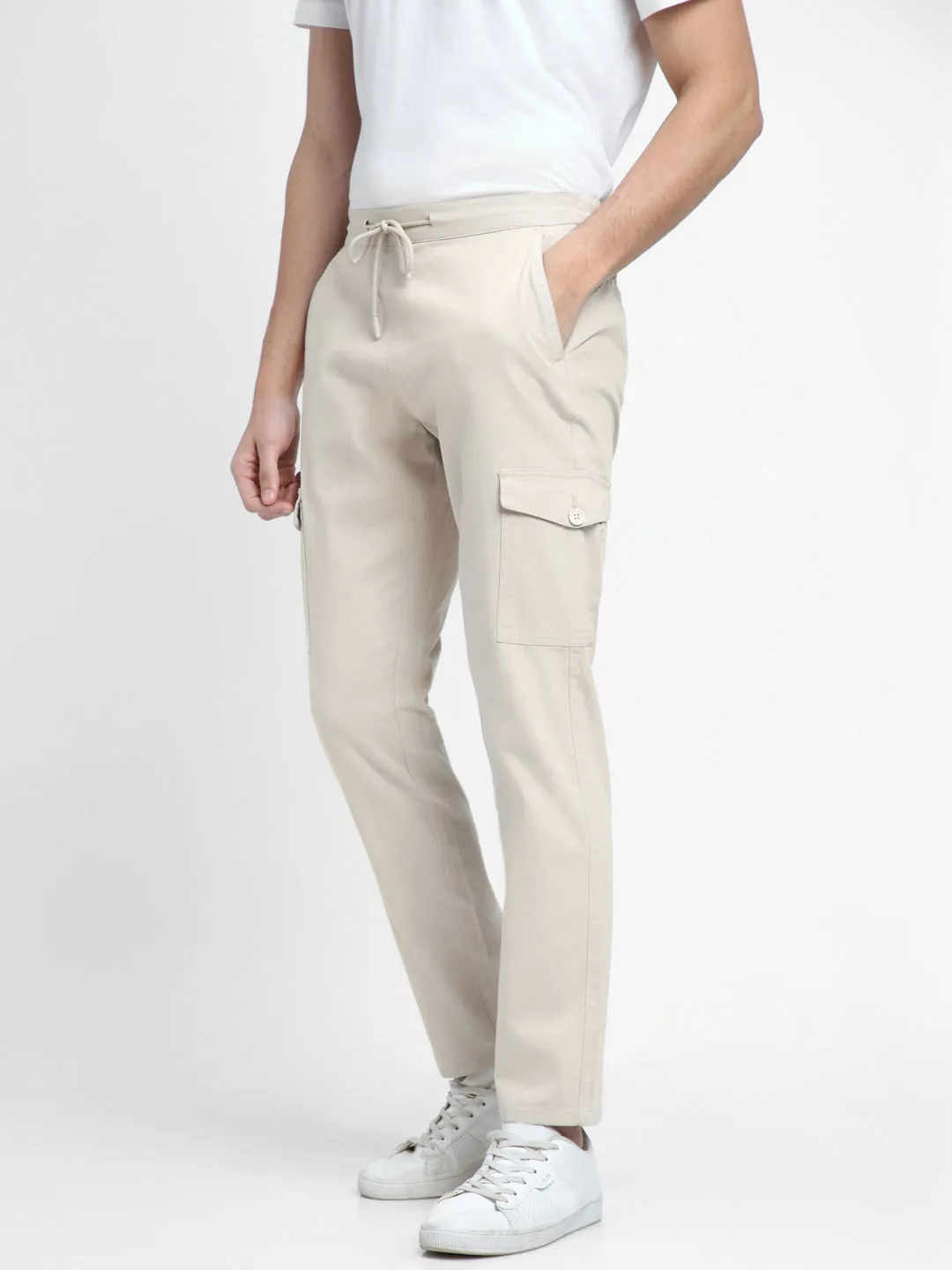 Men's Cream-Coloured Slim Fit Cargos Trousers