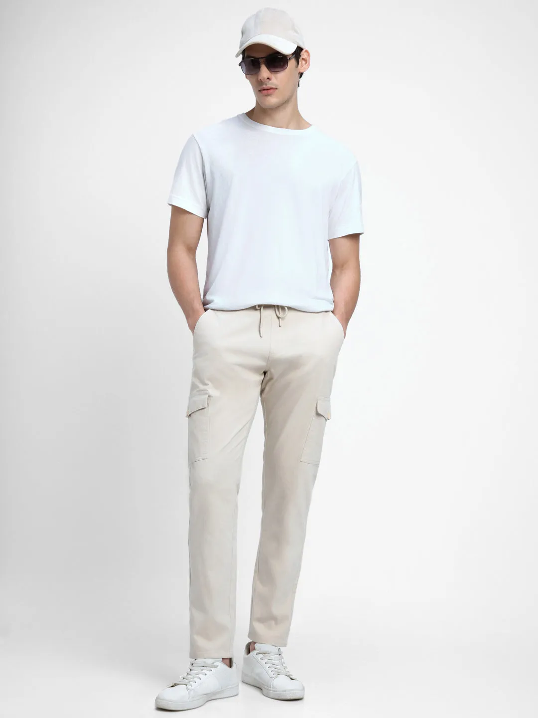Men's Cream-Coloured Slim Fit Cargos Trousers