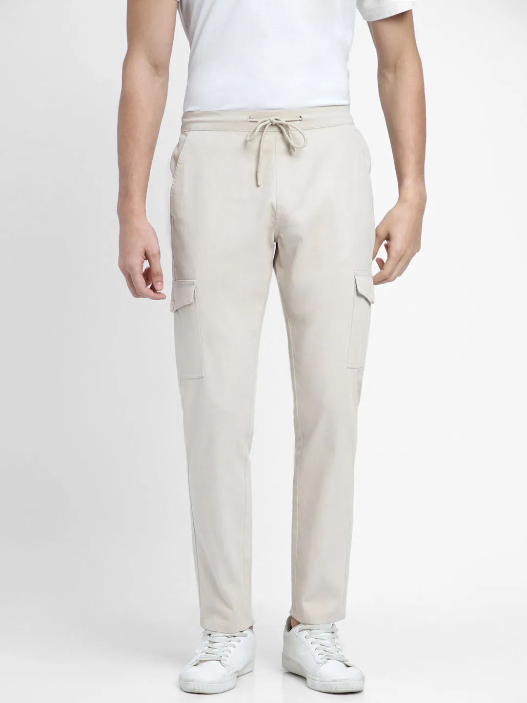 Men's Cream-Coloured Slim Fit Cargos Trousers