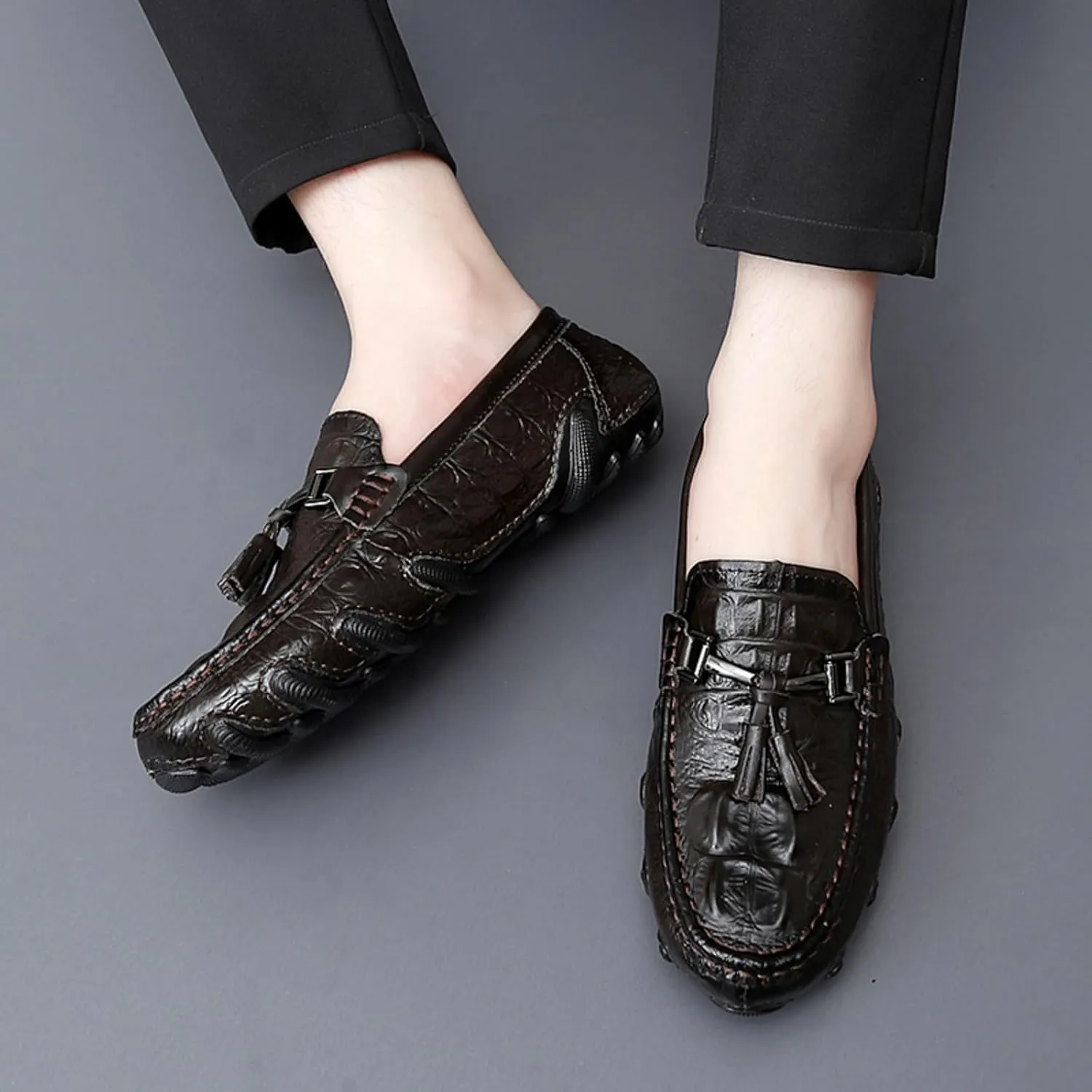 Mens Genuine Cowhide Loafers Slip - Ons, Casual Driving Flat Walking Octopus - Styled Moccasin, Business Boat Shoes, Tassel Slipper, for Wedding