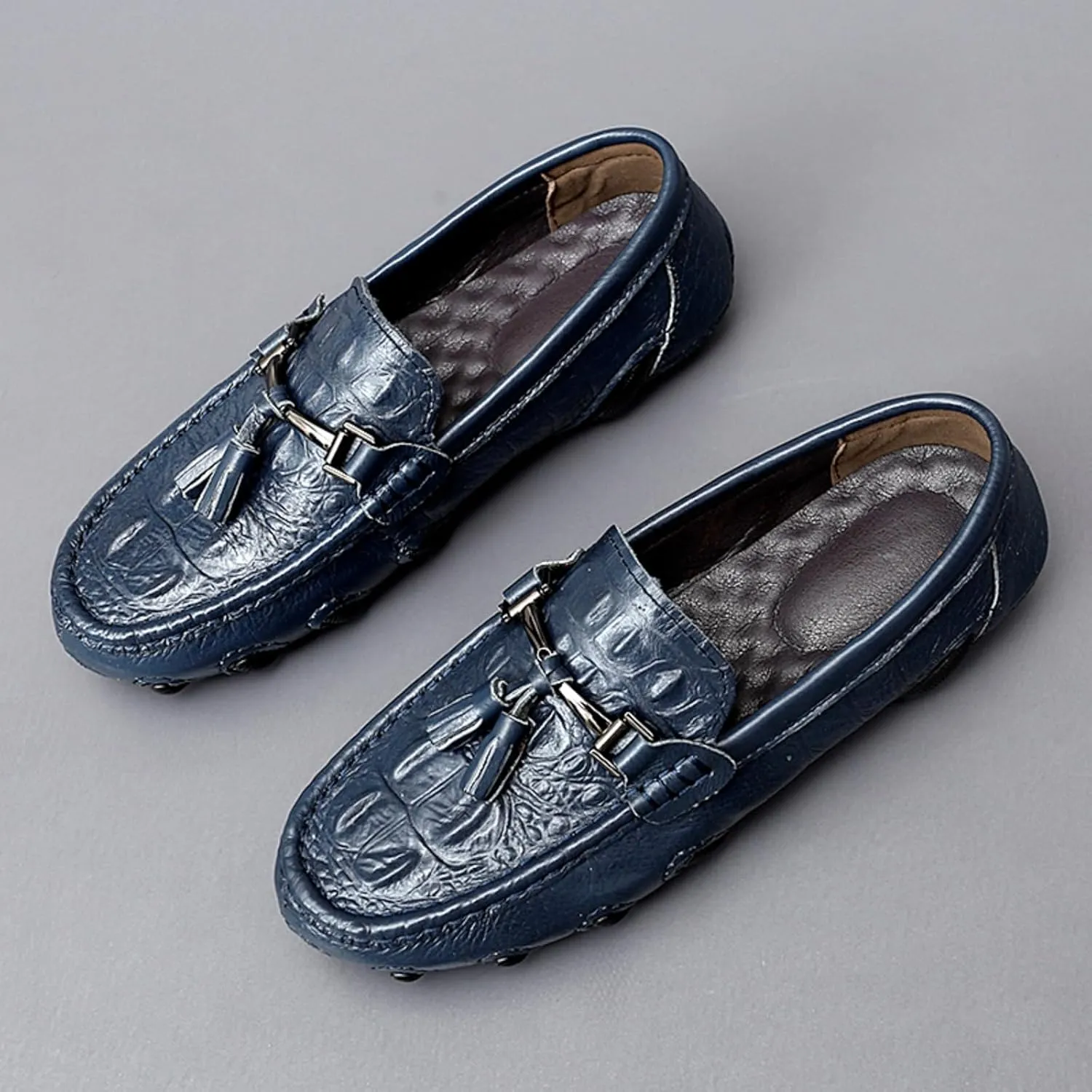 Mens Genuine Cowhide Loafers Slip - Ons, Casual Driving Flat Walking Octopus - Styled Moccasin, Business Boat Shoes, Tassel Slipper, for Wedding