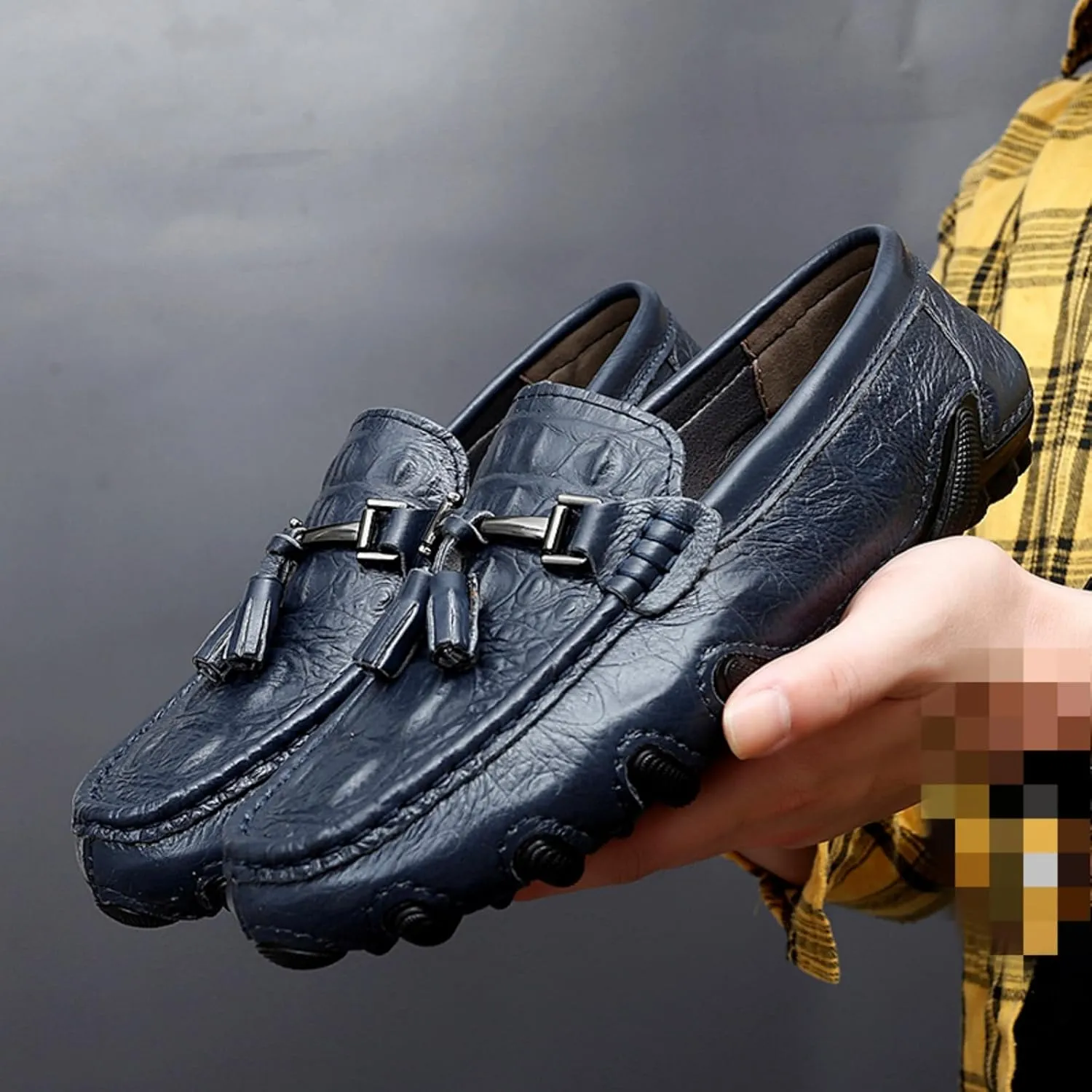 Mens Genuine Cowhide Loafers Slip - Ons, Casual Driving Flat Walking Octopus - Styled Moccasin, Business Boat Shoes, Tassel Slipper, for Wedding