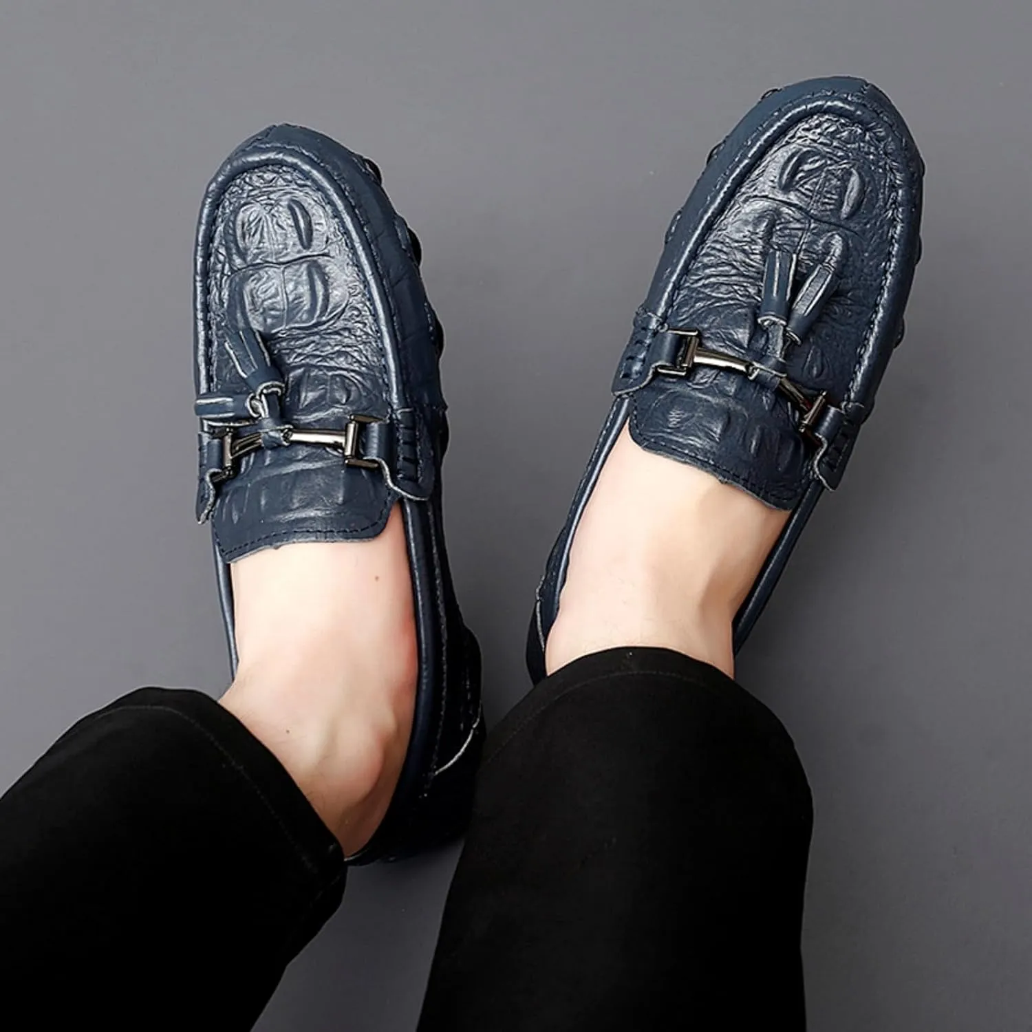 Mens Genuine Cowhide Loafers Slip - Ons, Casual Driving Flat Walking Octopus - Styled Moccasin, Business Boat Shoes, Tassel Slipper, for Wedding
