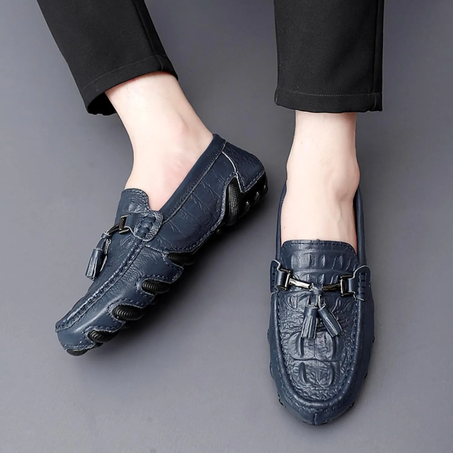 Mens Genuine Cowhide Loafers Slip - Ons, Casual Driving Flat Walking Octopus - Styled Moccasin, Business Boat Shoes, Tassel Slipper, for Wedding