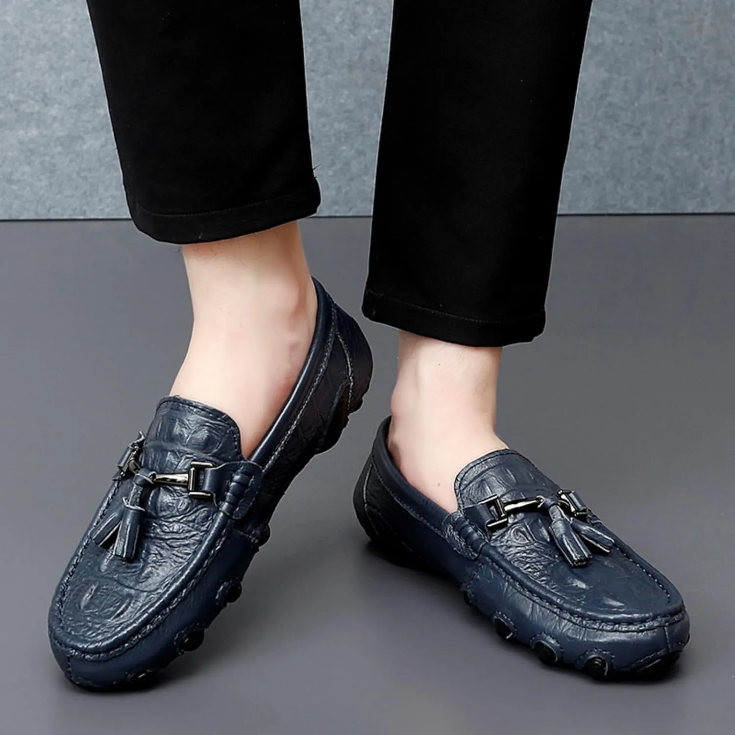 Mens Genuine Cowhide Loafers Slip - Ons, Casual Driving Flat Walking Octopus - Styled Moccasin, Business Boat Shoes, Tassel Slipper, for Wedding