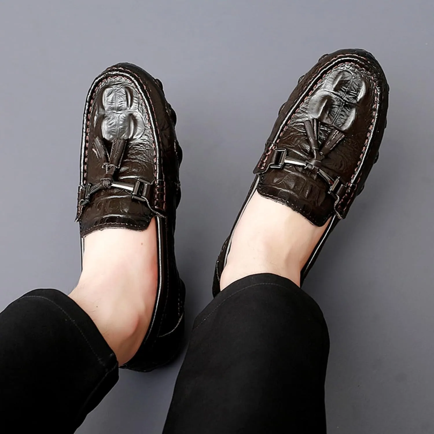 Mens Genuine Cowhide Loafers Slip - Ons, Casual Driving Flat Walking Octopus - Styled Moccasin, Business Boat Shoes, Tassel Slipper, for Wedding