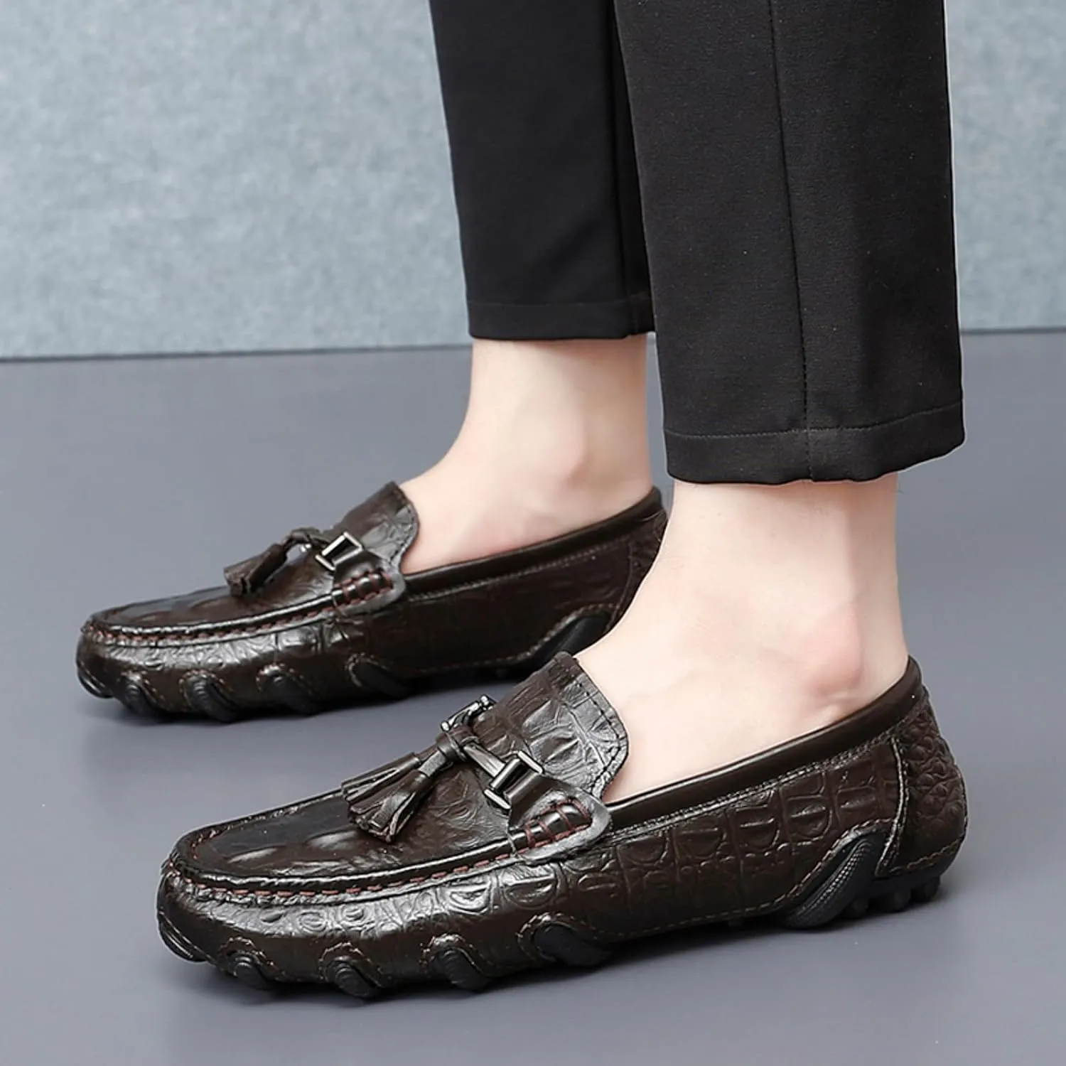 Mens Genuine Cowhide Loafers Slip - Ons, Casual Driving Flat Walking Octopus - Styled Moccasin, Business Boat Shoes, Tassel Slipper, for Wedding
