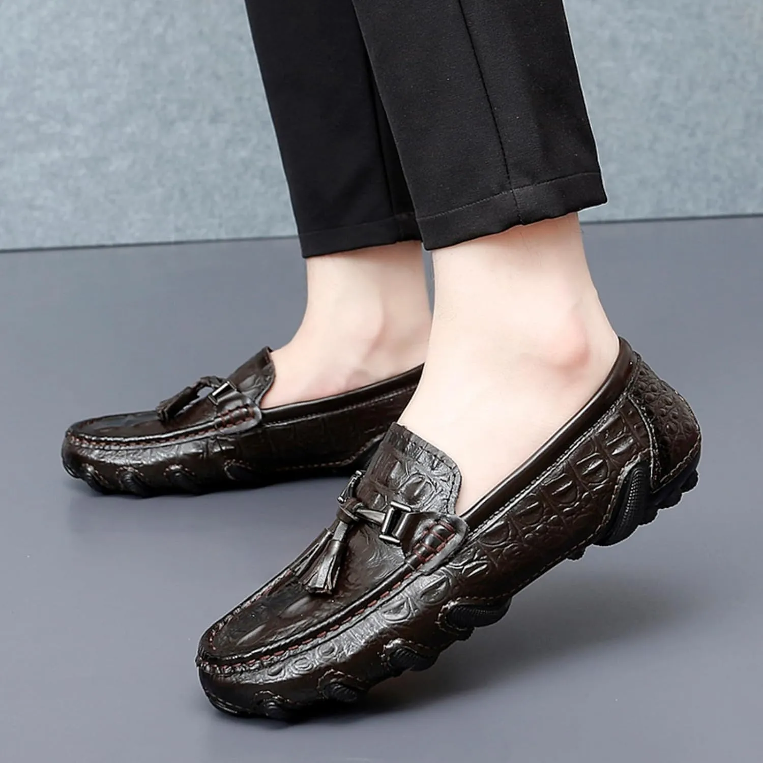 Mens Genuine Cowhide Loafers Slip - Ons, Casual Driving Flat Walking Octopus - Styled Moccasin, Business Boat Shoes, Tassel Slipper, for Wedding