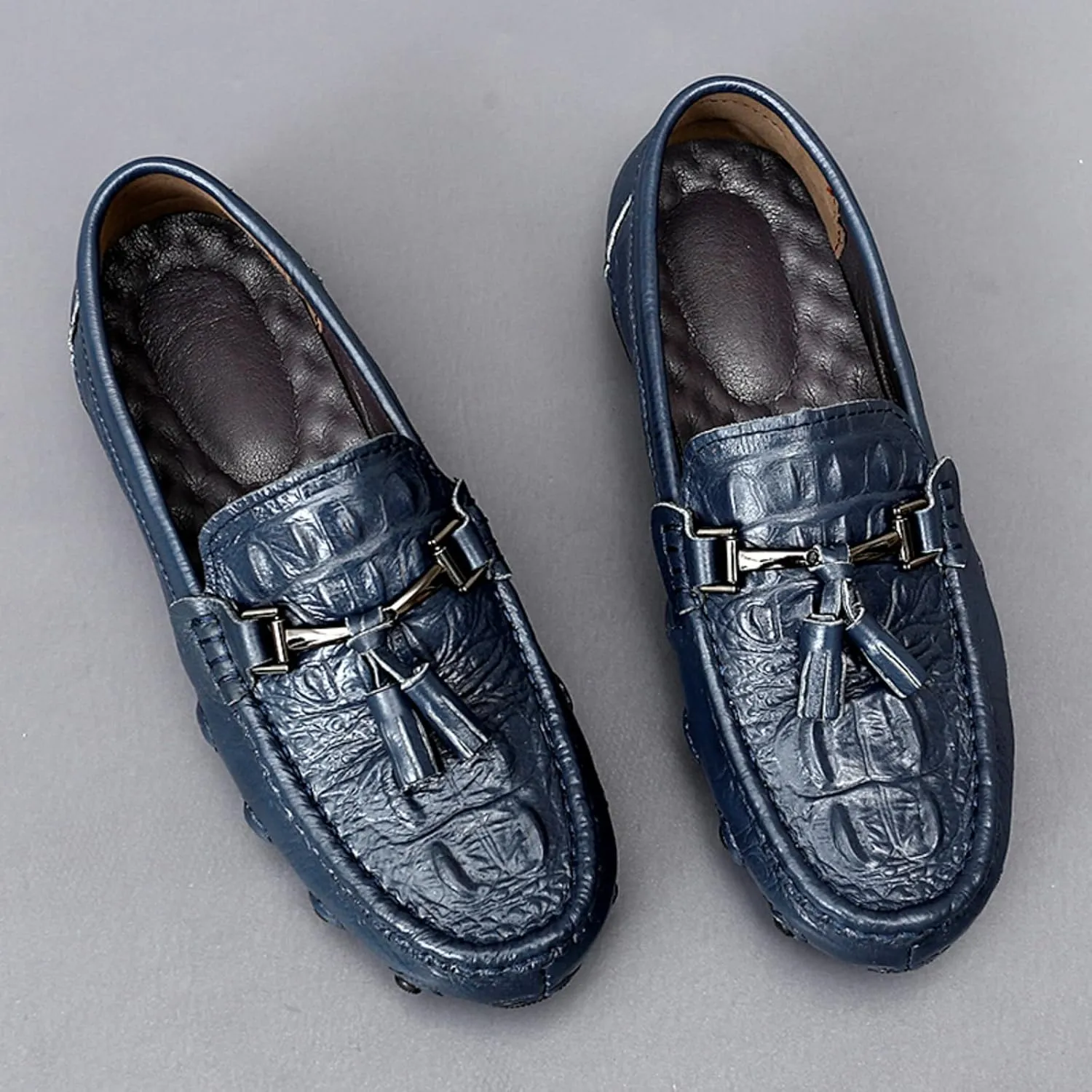Mens Genuine Cowhide Loafers Slip - Ons, Casual Driving Flat Walking Octopus - Styled Moccasin, Business Boat Shoes, Tassel Slipper, for Wedding