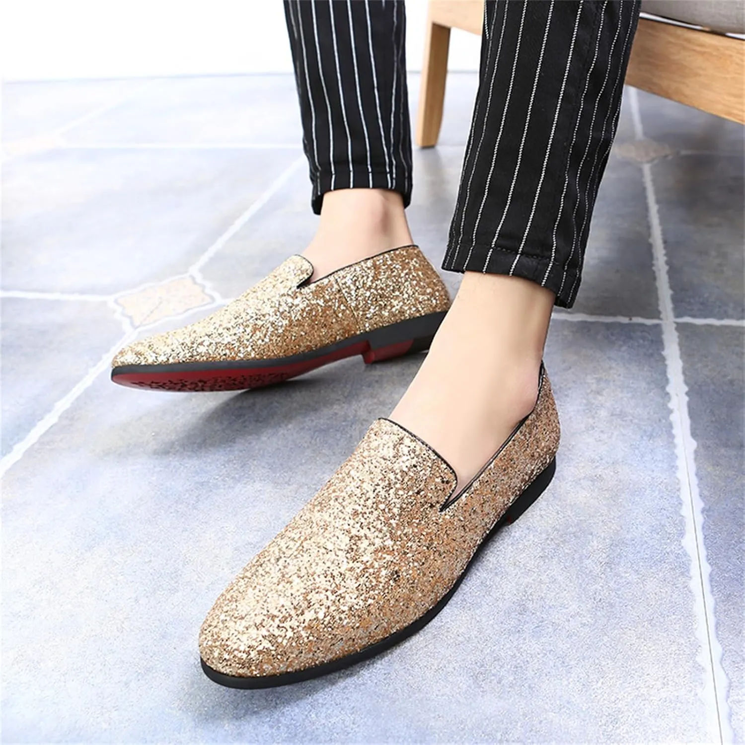 Mens Glitter Rhinestone Slip-On Tuxedo Loafers Classic Wingtip Dress Party Wedding Sparkly Penny Smoking Slippers