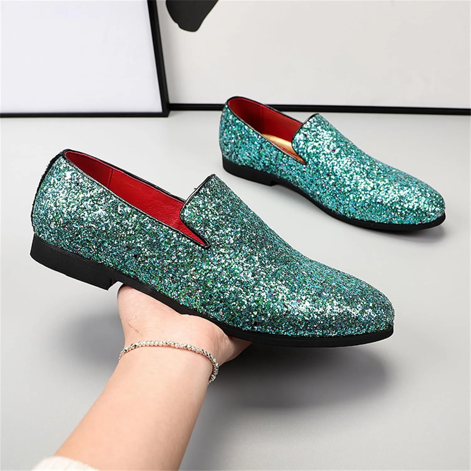 Mens Glitter Rhinestone Slip-On Tuxedo Loafers Classic Wingtip Dress Party Wedding Sparkly Penny Smoking Slippers