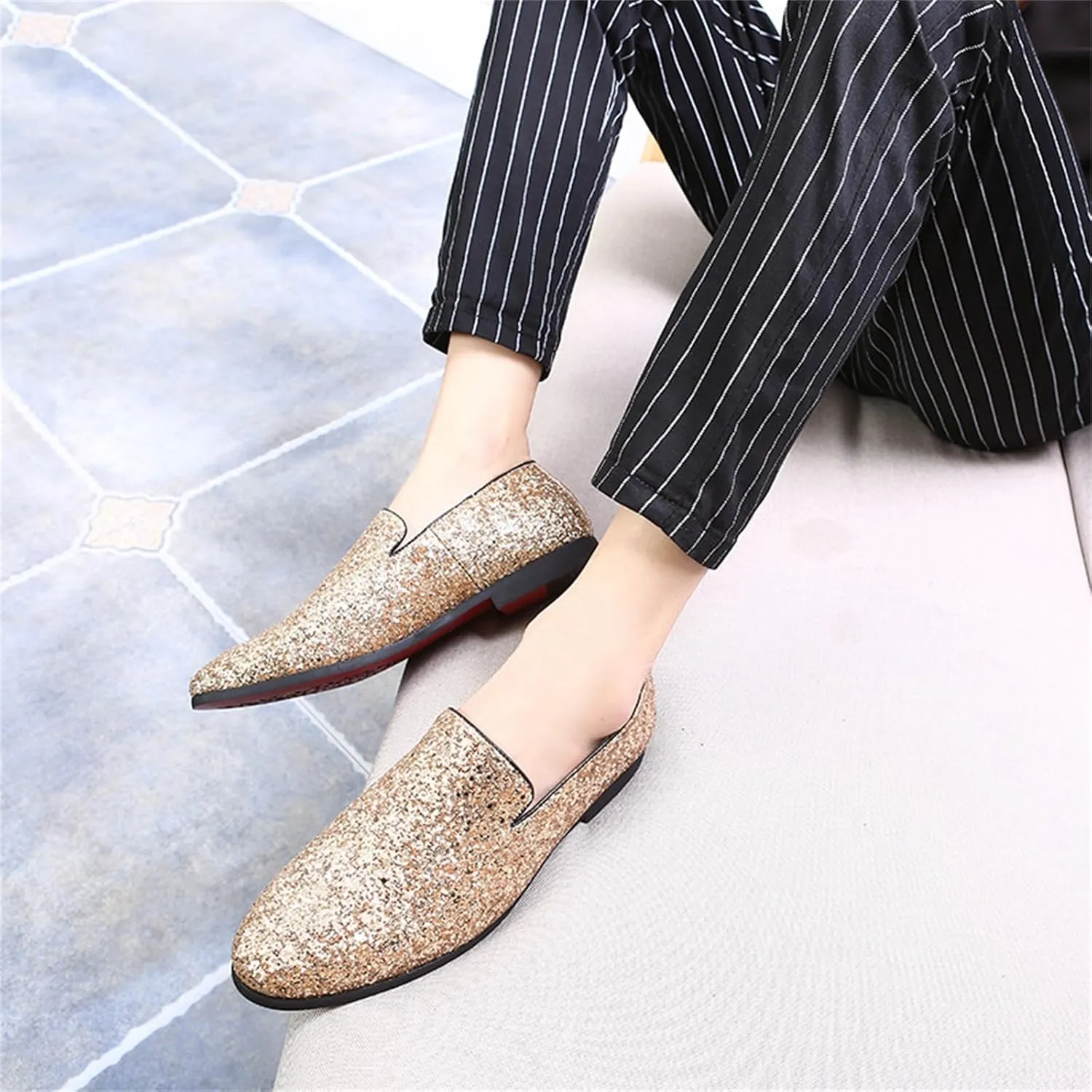 Mens Glitter Rhinestone Slip-On Tuxedo Loafers Classic Wingtip Dress Party Wedding Sparkly Penny Smoking Slippers