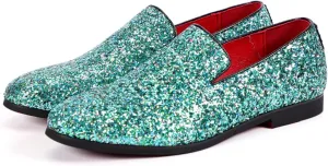 Mens Glitter Rhinestone Slip-On Tuxedo Loafers Classic Wingtip Dress Party Wedding Sparkly Penny Smoking Slippers