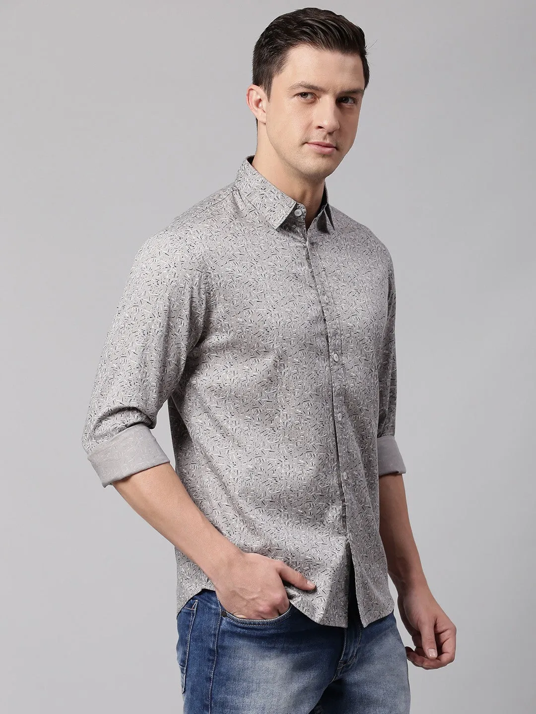 Men's Grey Slim Fit Printed Casual Shirt