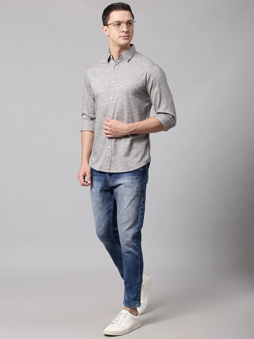 Men's Grey Slim Fit Printed Casual Shirt
